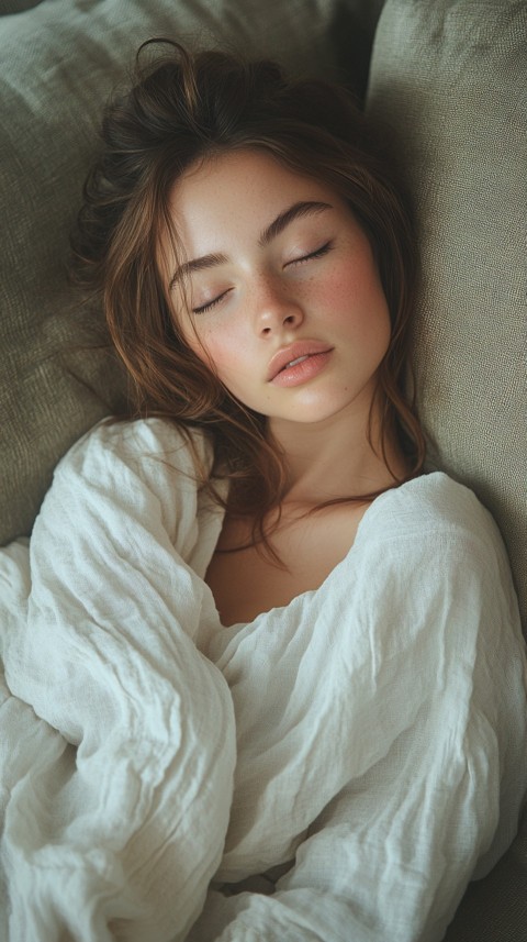 High Angle of a Woman Sleeping on a Couch in an Oversized White Shirt – Relaxed Aesthetic (26)