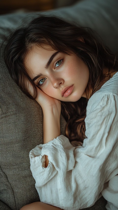 High Angle of a Woman Sleeping on a Couch in an Oversized White Shirt – Relaxed Aesthetic (8)