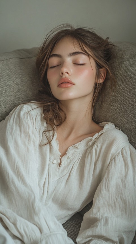 High Angle of a Woman Sleeping on a Couch in an Oversized White Shirt – Relaxed Aesthetic (41)