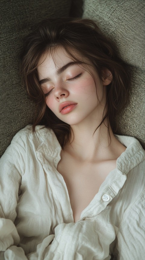 High Angle of a Woman Sleeping on a Couch in an Oversized White Shirt – Relaxed Aesthetic (31)