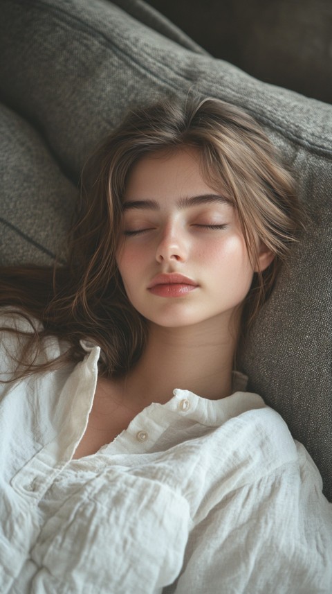 High Angle of a Woman Sleeping on a Couch in an Oversized White Shirt – Relaxed Aesthetic (38)