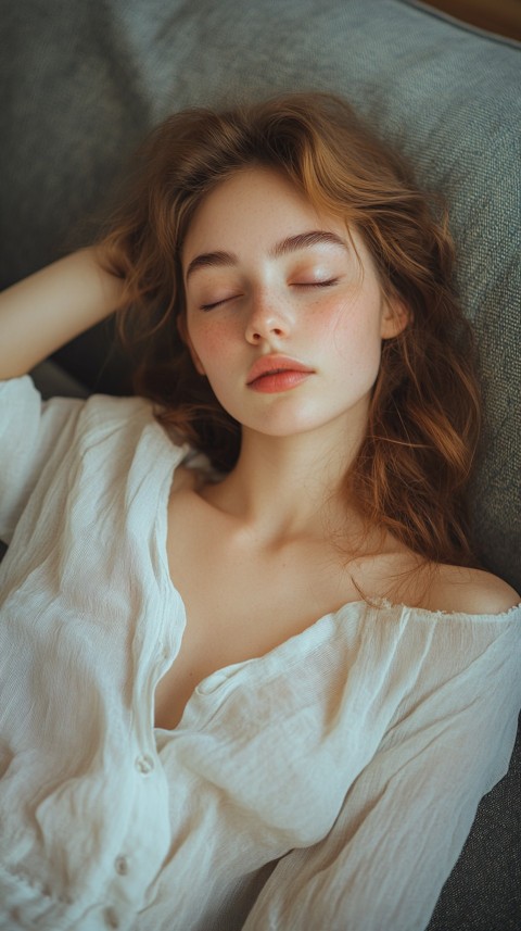 High Angle of a Woman Sleeping on a Couch in an Oversized White Shirt – Relaxed Aesthetic (59)