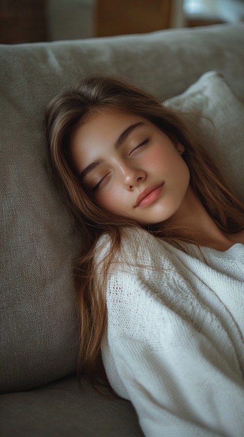 High Angle of a Woman Sleeping on a Couch in an Oversized White Shirt – Relaxed Aesthetic (58)