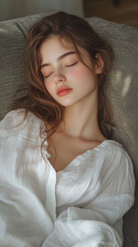 High Angle of a Woman Sleeping on a Couch in an Oversized White Shirt – Relaxed Aesthetic (71)