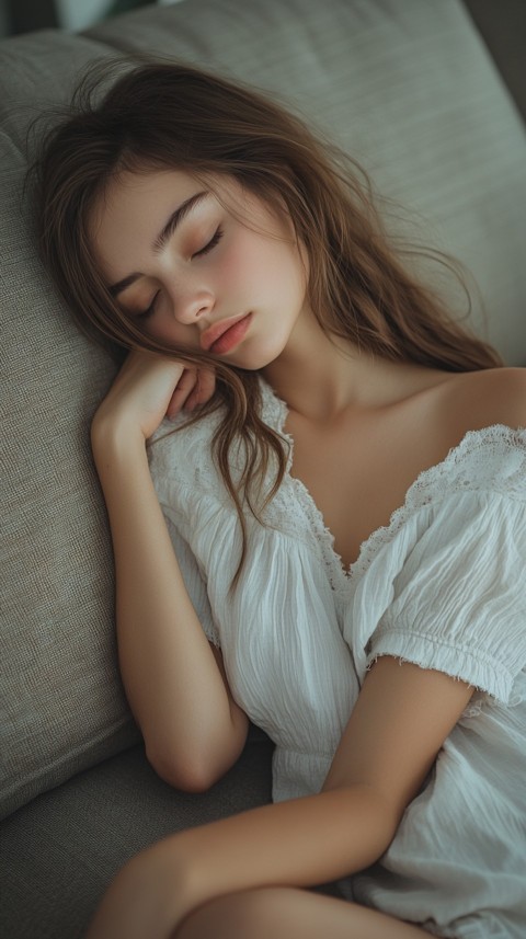 High Angle of a Woman Sleeping on a Couch in an Oversized White Shirt – Relaxed Aesthetic (54)