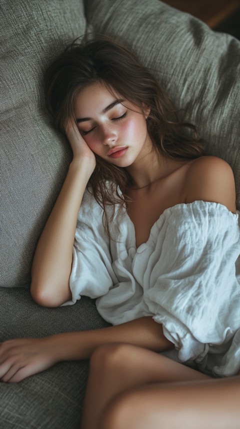 High Angle of a Woman Sleeping on a Couch in an Oversized White Shirt – Relaxed Aesthetic (72)