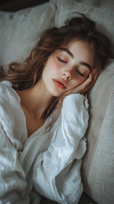 High Angle of a Woman Sleeping on a Couch in an Oversized White Shirt – Relaxed Aesthetic (53)