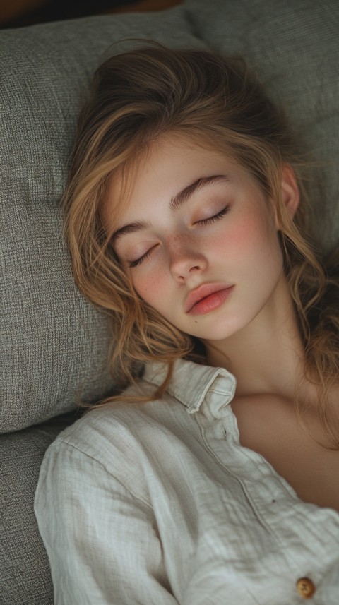 High Angle of a Woman Sleeping on a Couch in an Oversized White Shirt – Relaxed Aesthetic (73)