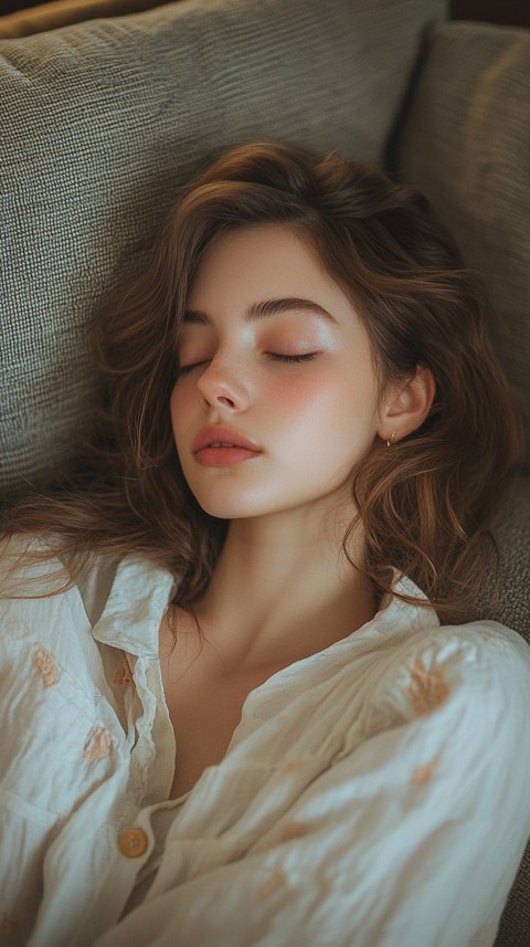 High Angle of a Woman Sleeping on a Couch in an Oversized White Shirt – Relaxed Aesthetic (68)