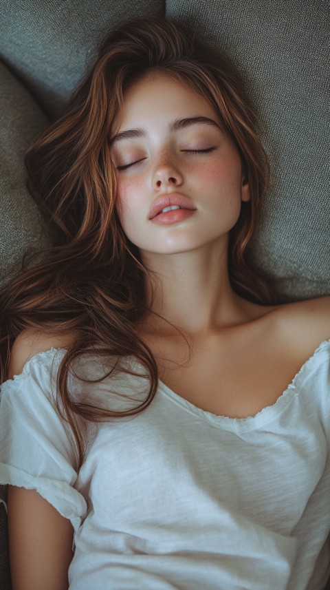 High Angle of a Woman Sleeping on a Couch in an Oversized White Shirt – Relaxed Aesthetic (67)