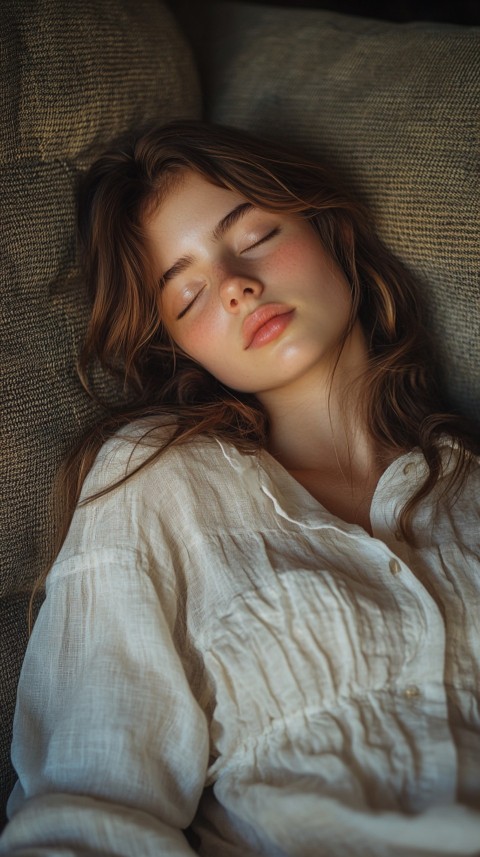 High Angle of a Woman Sleeping on a Couch in an Oversized White Shirt – Relaxed Aesthetic (62)