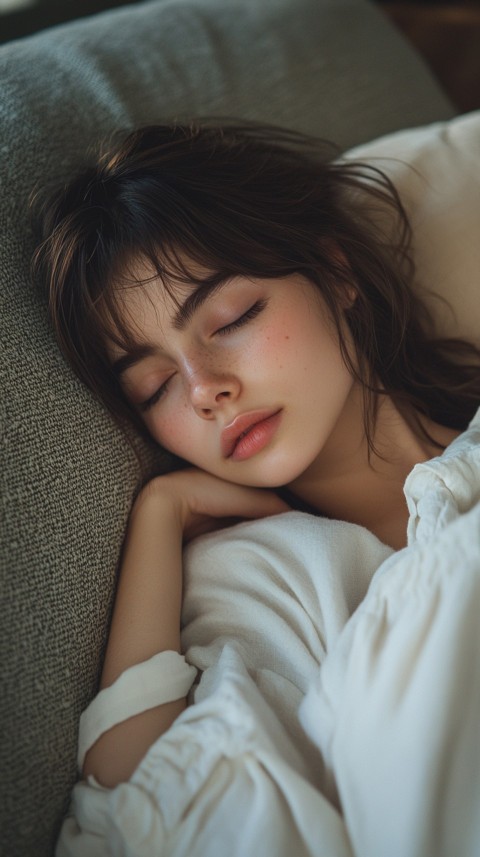 High Angle of a Woman Sleeping on a Couch in an Oversized White Shirt – Relaxed Aesthetic (86)