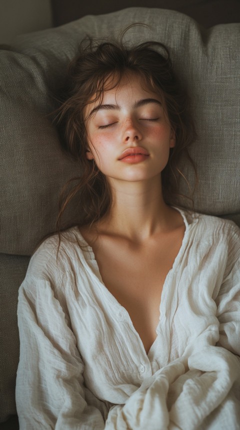 High Angle of a Woman Sleeping on a Couch in an Oversized White Shirt – Relaxed Aesthetic (81)