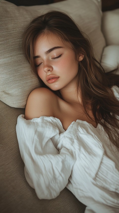 High Angle of a Woman Sleeping on a Couch in an Oversized White Shirt – Relaxed Aesthetic (99)