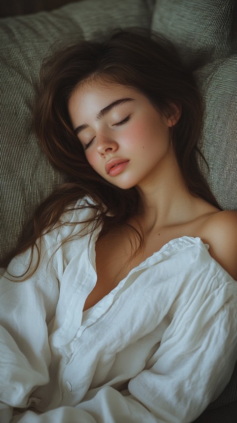 High Angle of a Woman Sleeping on a Couch in an Oversized White Shirt – Relaxed Aesthetic (84)