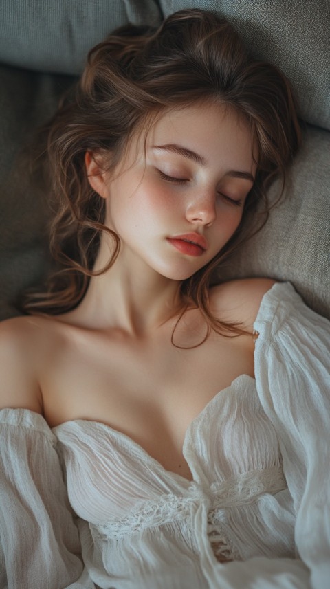 High Angle of a Woman Sleeping on a Couch in an Oversized White Shirt – Relaxed Aesthetic (92)