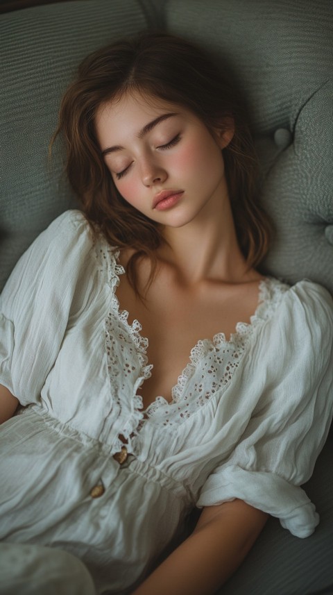 High Angle of a Woman Sleeping on a Couch in an Oversized White Shirt – Relaxed Aesthetic (87)