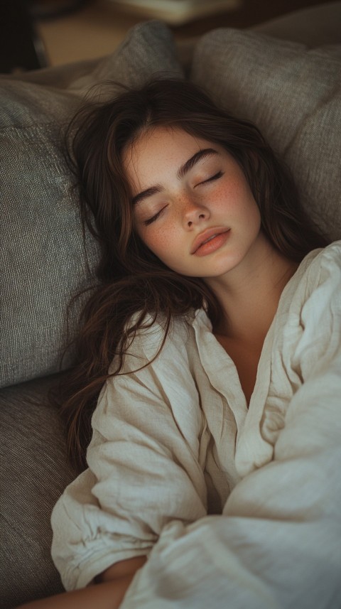 High Angle of a Woman Sleeping on a Couch in an Oversized White Shirt – Relaxed Aesthetic (89)