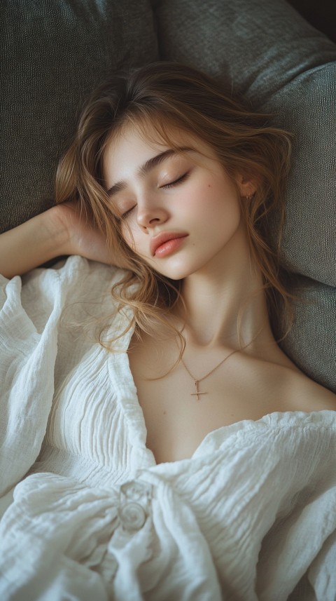 High Angle of a Woman Sleeping on a Couch in an Oversized White Shirt – Relaxed Aesthetic (103)