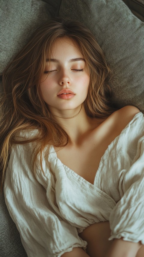 High Angle of a Woman Sleeping on a Couch in an Oversized White Shirt – Relaxed Aesthetic (91)