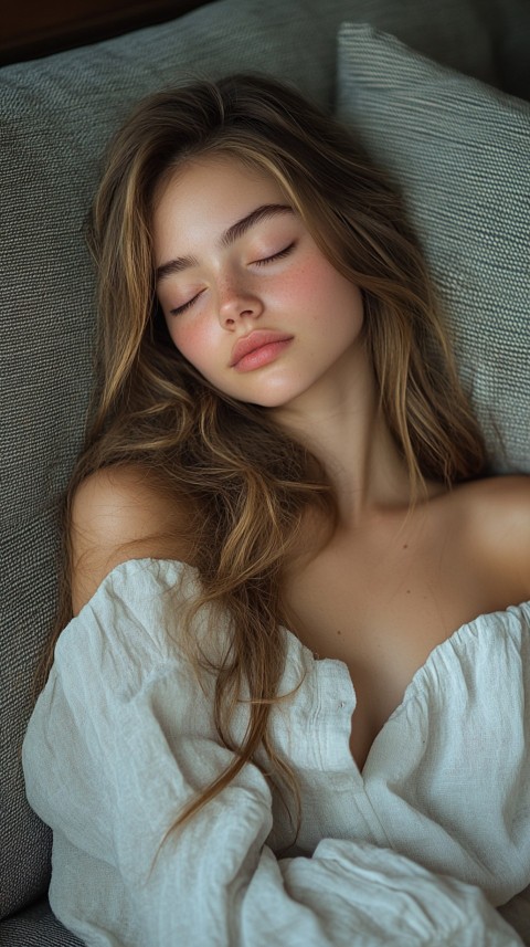 High Angle of a Woman Sleeping on a Couch in an Oversized White Shirt – Relaxed Aesthetic (104)