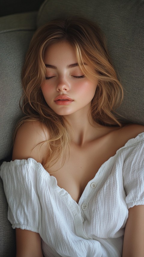 High Angle of a Woman Sleeping on a Couch in an Oversized White Shirt – Relaxed Aesthetic (107)