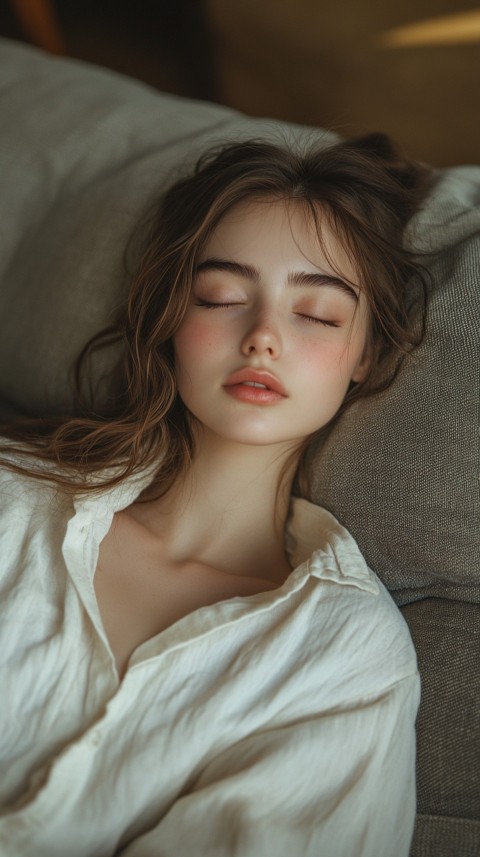 High Angle of a Woman Sleeping on a Couch in an Oversized White Shirt – Relaxed Aesthetic (140)