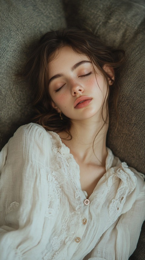 High Angle of a Woman Sleeping on a Couch in an Oversized White Shirt – Relaxed Aesthetic (135)