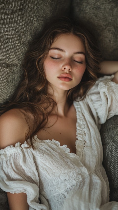 High Angle of a Woman Sleeping on a Couch in an Oversized White Shirt – Relaxed Aesthetic (136)