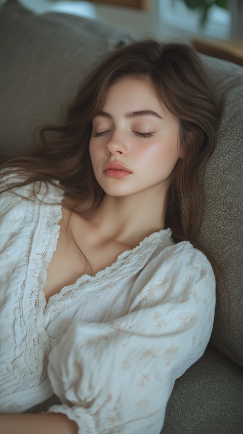 High Angle of a Woman Sleeping on a Couch in an Oversized White Shirt – Relaxed Aesthetic (130)