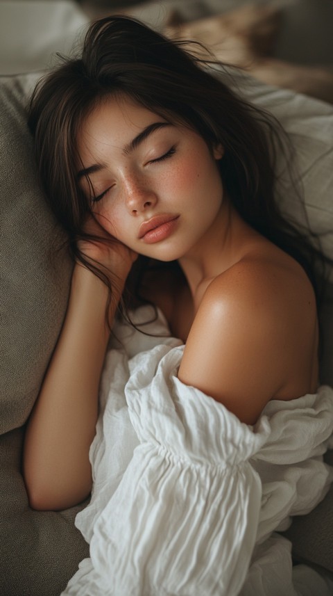 High Angle of a Woman Sleeping on a Couch in an Oversized White Shirt – Relaxed Aesthetic (115)