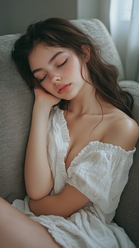 High Angle of a Woman Sleeping on a Couch in an Oversized White Shirt – Relaxed Aesthetic (122)