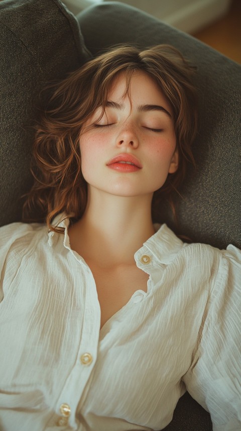 High Angle of a Woman Sleeping on a Couch in an Oversized White Shirt – Relaxed Aesthetic (114)