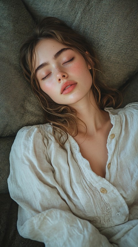 High Angle of a Woman Sleeping on a Couch in an Oversized White Shirt – Relaxed Aesthetic (119)