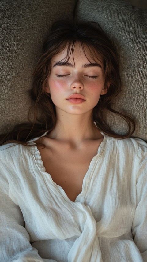 High Angle of a Woman Sleeping on a Couch in an Oversized White Shirt – Relaxed Aesthetic (111)