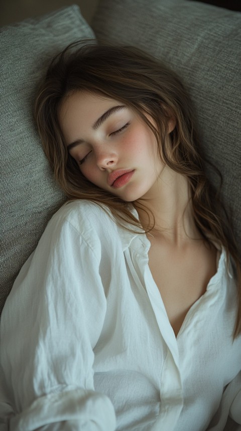 High Angle of a Woman Sleeping on a Couch in an Oversized White Shirt – Relaxed Aesthetic (148)