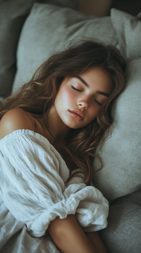 High Angle of a Woman Sleeping on a Couch in an Oversized White Shirt – Relaxed Aesthetic (156)