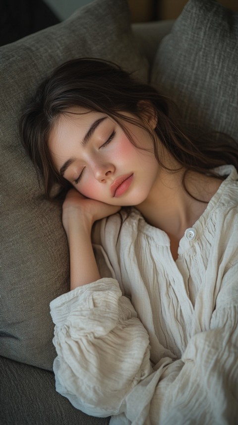 High Angle of a Woman Sleeping on a Couch in an Oversized White Shirt – Relaxed Aesthetic (143)