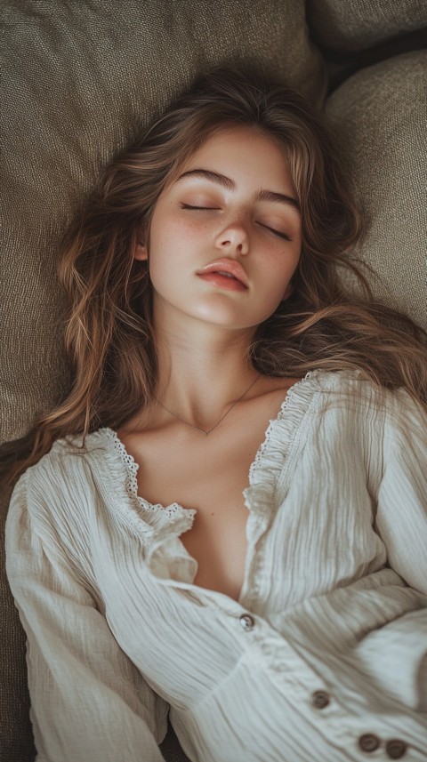 High Angle of a Woman Sleeping on a Couch in an Oversized White Shirt – Relaxed Aesthetic (151)