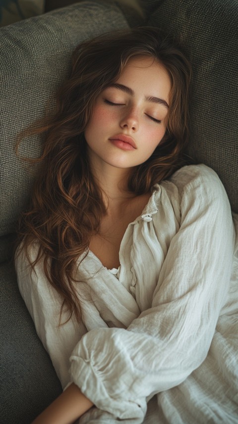 High Angle of a Woman Sleeping on a Couch in an Oversized White Shirt – Relaxed Aesthetic (152)