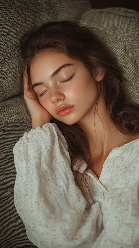 High Angle of a Woman Sleeping on a Couch in an Oversized White Shirt – Relaxed Aesthetic (147)