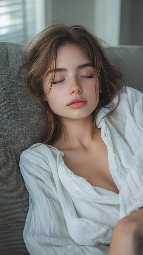 High Angle of a Woman Sleeping on a Couch in an Oversized White Shirt – Relaxed Aesthetic (145)