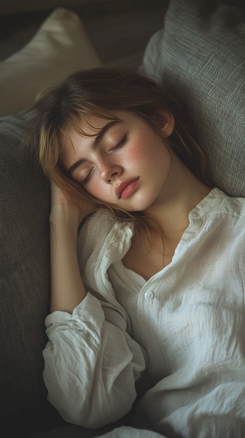 High Angle of a Woman Sleeping on a Couch in an Oversized White Shirt – Relaxed Aesthetic (159)