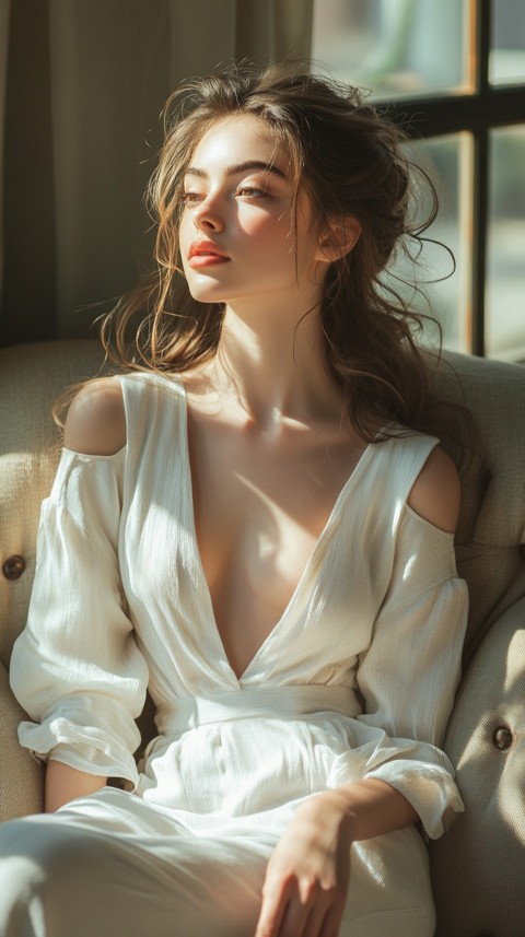 Side View of a Woman in Normcore Style Relaxing on an Armchair by a Window – Sunlit Aesthetic (2)