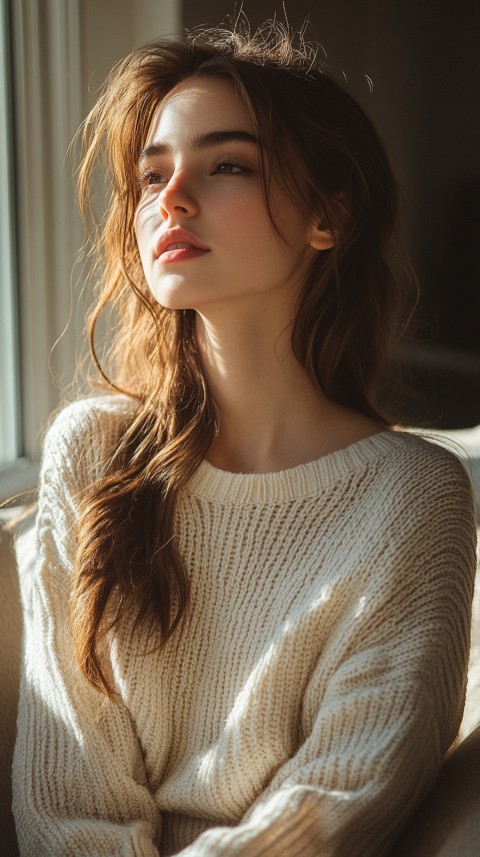 Side View of a Woman in Normcore Style Relaxing on an Armchair by a Window – Sunlit Aesthetic (5)