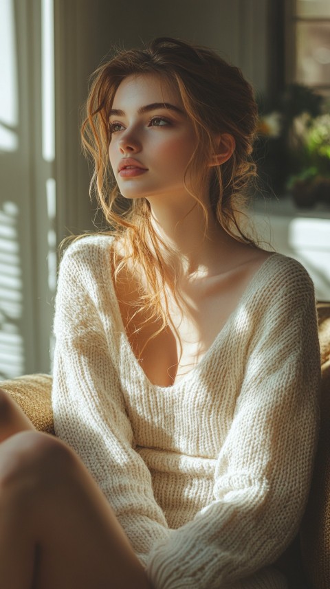 Side View of a Woman in Normcore Style Relaxing on an Armchair by a Window – Sunlit Aesthetic (97)