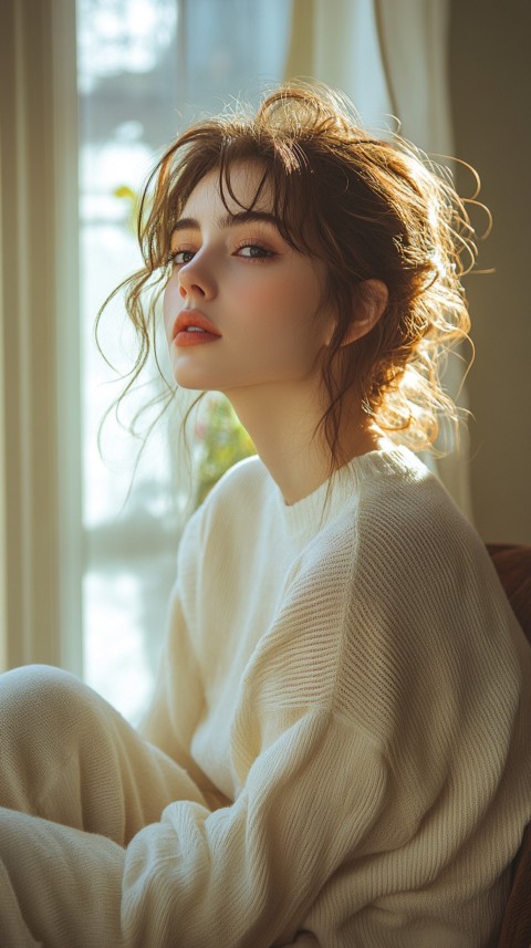 Side View of a Woman in Normcore Style Relaxing on an Armchair by a Window – Sunlit Aesthetic (99)