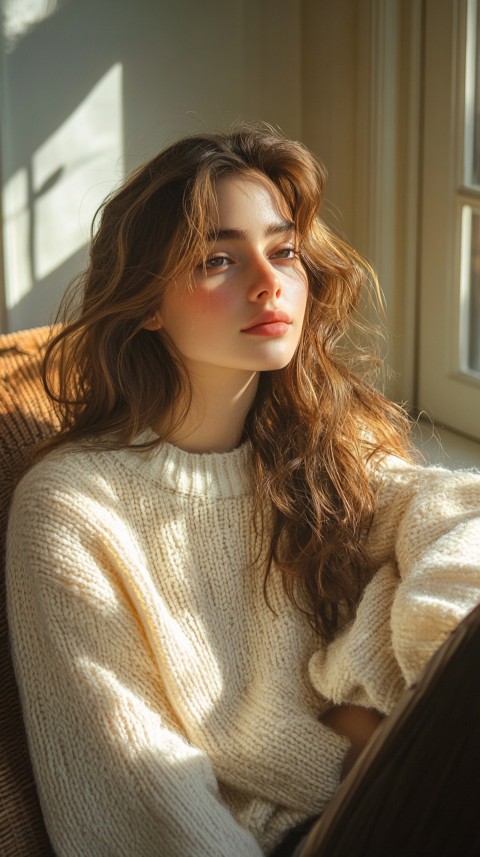 Side View of a Woman in Normcore Style Relaxing on an Armchair by a Window – Sunlit Aesthetic (127)