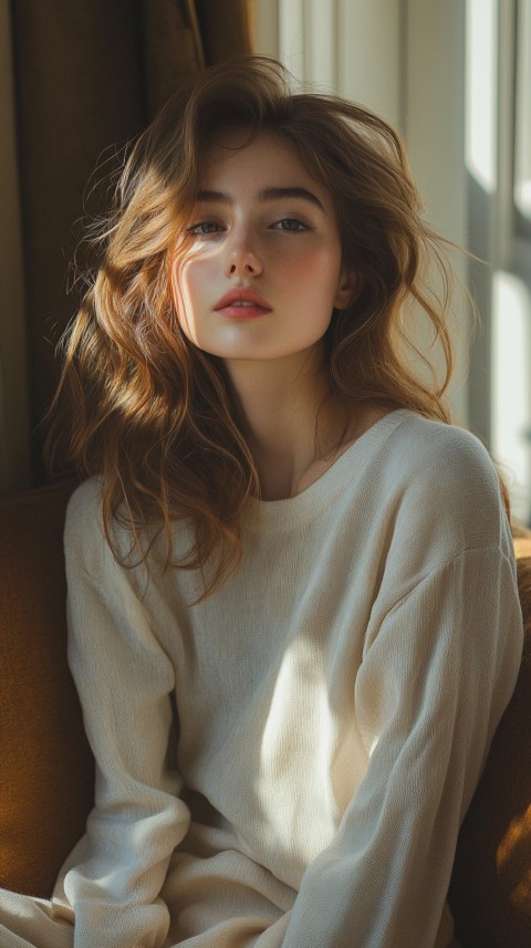 Side View of a Woman in Normcore Style Relaxing on an Armchair by a Window – Sunlit Aesthetic (137)