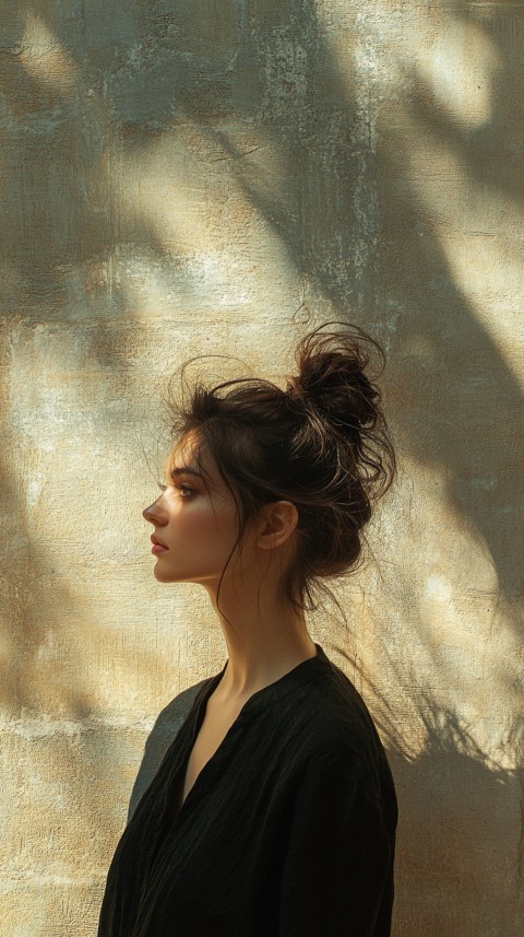 Shadow of a Woman with a Messy Bun on a Cream Wall in Sunlight – Subtle Aesthetic (14)